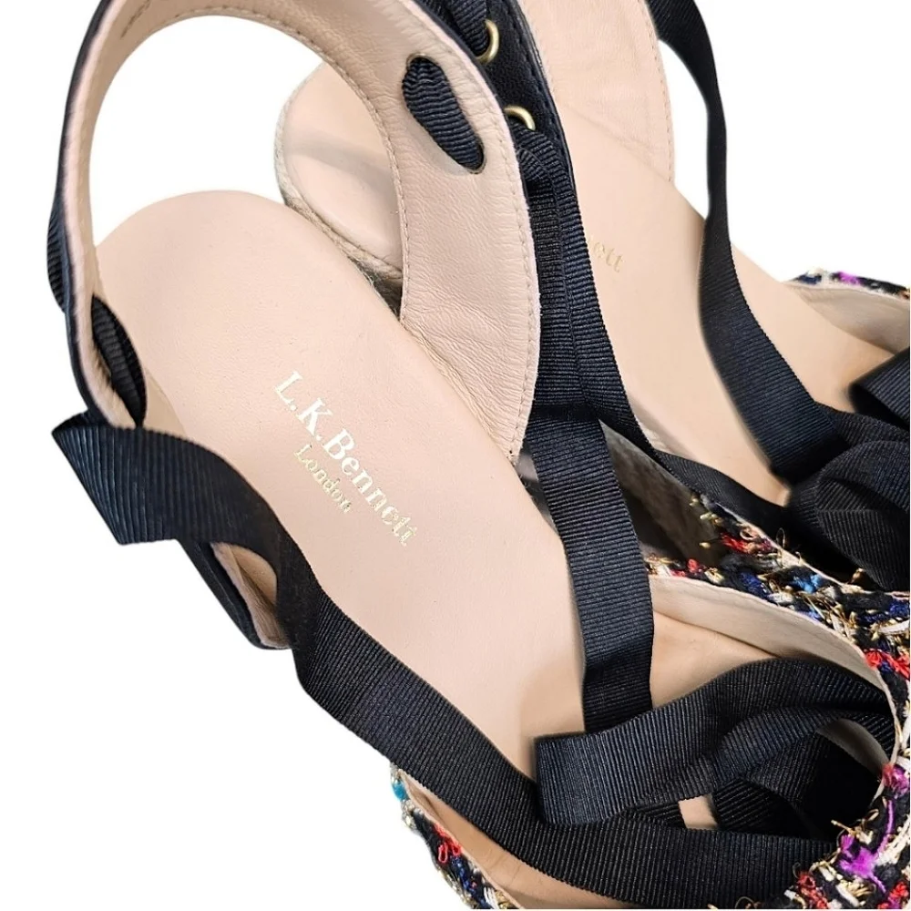 NEW! L.K. Bennett Tianna Black Tweed Espadrille Wedges Sz 37 7 Ankle Tie Preppy